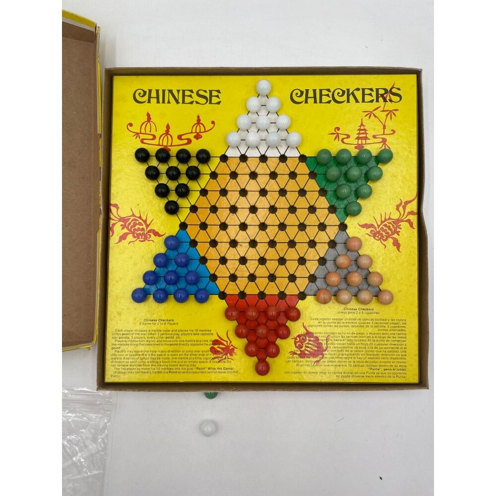 Vintage Chinese Checkers Board Game No. 422 60 Multicolor Marbles & Instructions